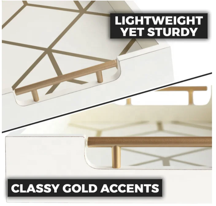 White  Gold Coffee Table Decorative Ottoman Tray for Serving Food wooden  tea tray with handles