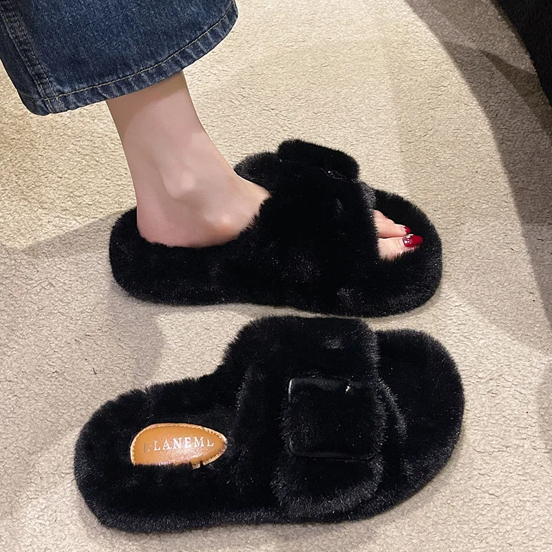 Wholesale Comfortable Winter Warm Slides Shoes Premium Sheepskin Home Ladies Fashion Fluffy Faux Fur Slippers For Women