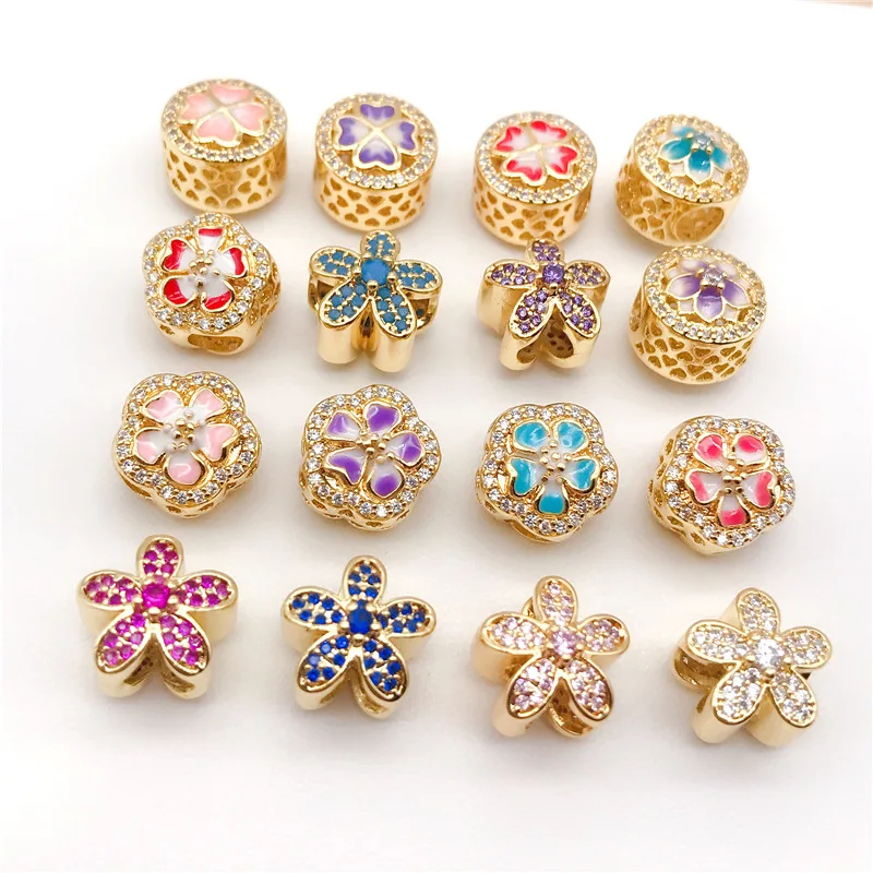 Zircon Petals Cherry Blossoms Loose Charm Beads Fit 14K Pand Designer Making Jewelry for DIY Accessories Bracelet