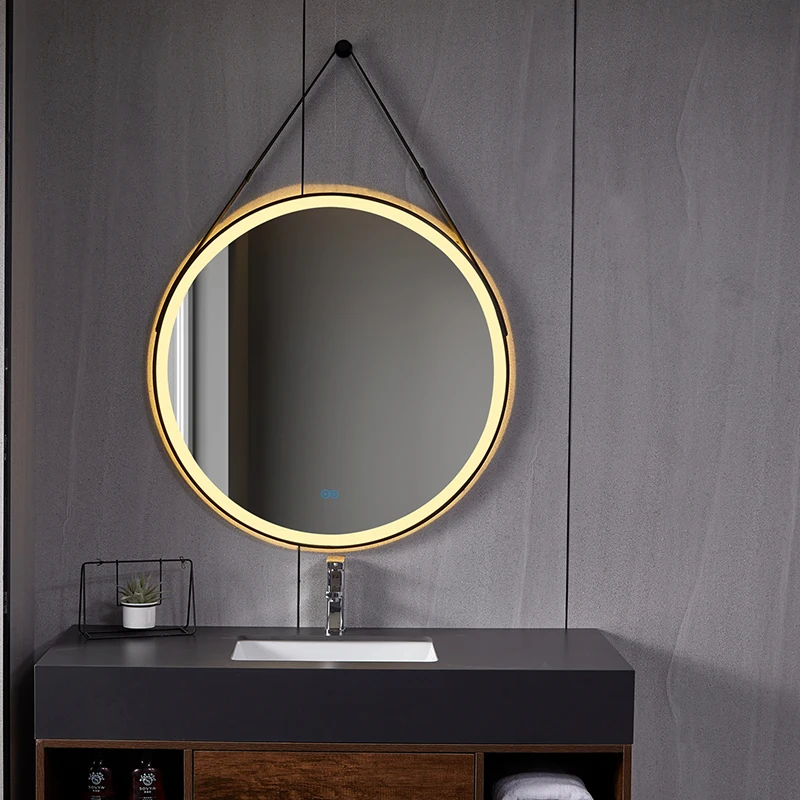 Custom Aluminum Frame Touch Screen Hanging Wall Round Makeup Led Bathroom Smart Mirrors with leather strap