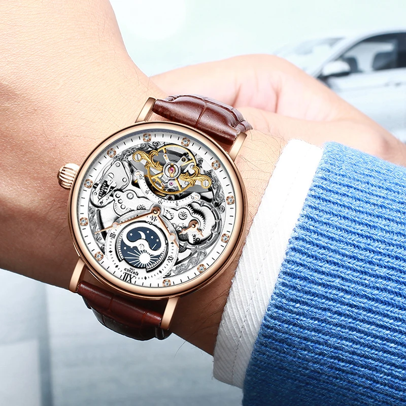 KINYUED Skeleton Watches Mechanical Automatic Watch Men Sport Clock Casual Business Moon Wrist Watch J055