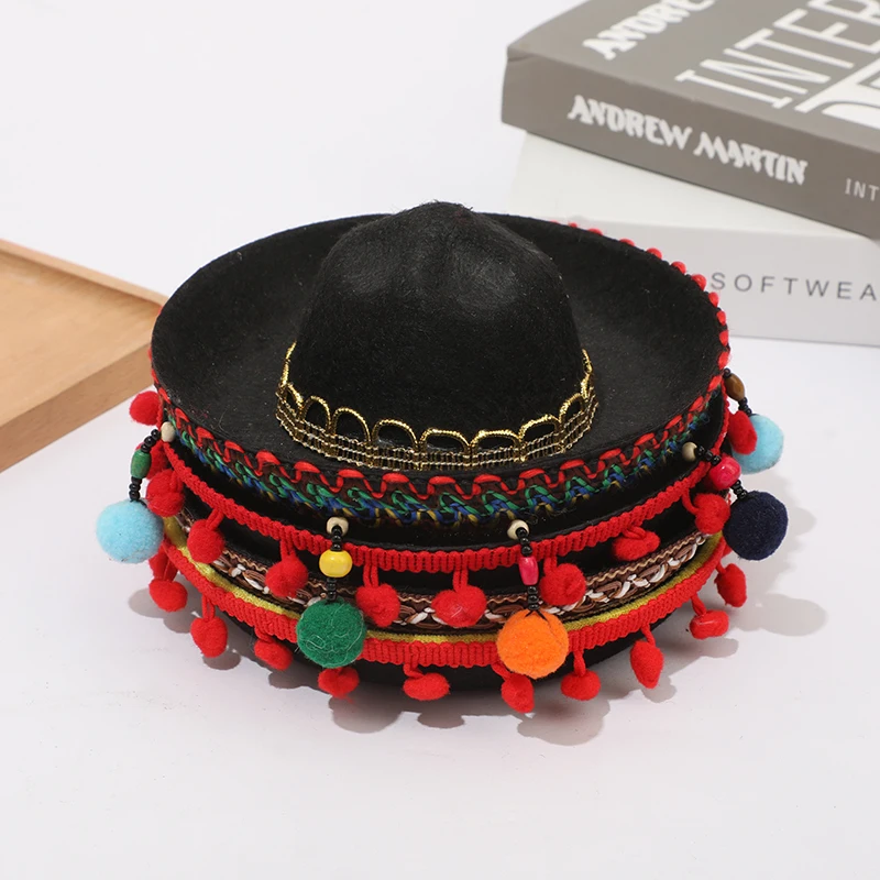 Carnival Halloween party mini felt Mexican fur ball fun hat pet headband head clip pet hathead buckle