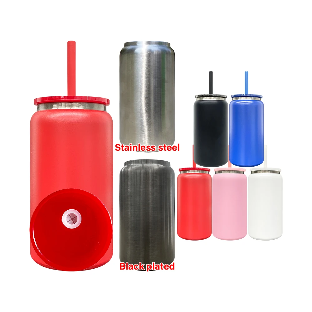 USA warehouse black plated underneath powder coated colored stainless steel double walled 16oz soda beer can