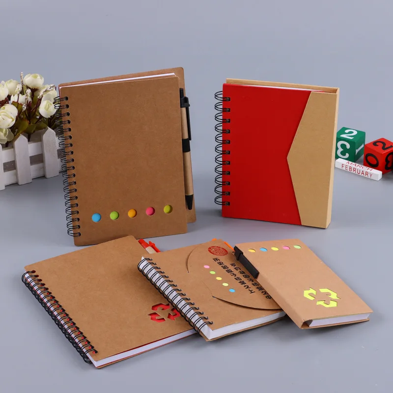 Kraft Cover Lined Spiral Notebook Steno Pads  with Bamboo Ballpoint Pen Page Marker Colored Index Tabs Small Pocket Notebooks