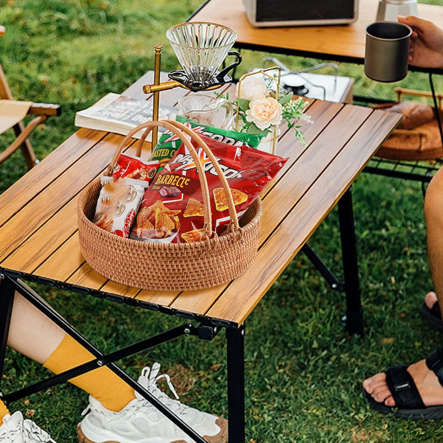 Rattan picnic basket with handle handwoven for fruit wedding camping basket 1 piece