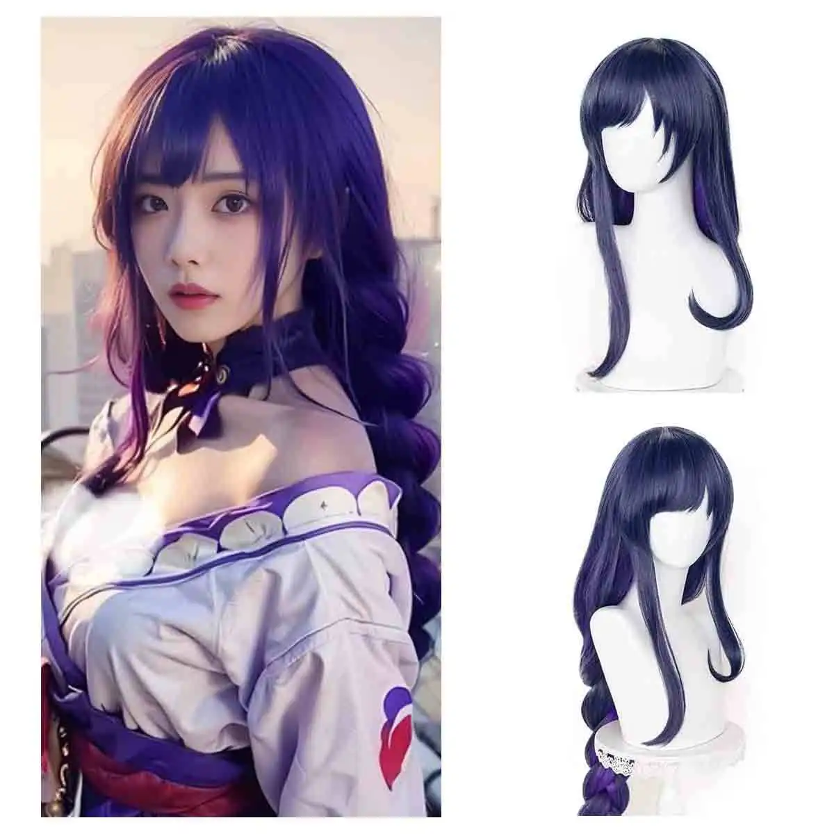 Genshin Anime Wig 90cm Cosplay Long Straight Blue Purple Mixed Raiden Shogun Baal Wig Synthetic Halloween Party Hair Extensions