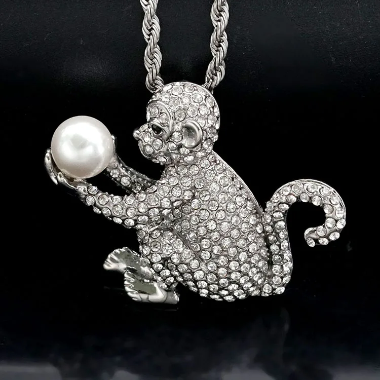 Custom Fashion Jewellery Wholesale Stainless Steel Cartoon Design Lovely Monkey Zircon Pendant Necklace With Pearl