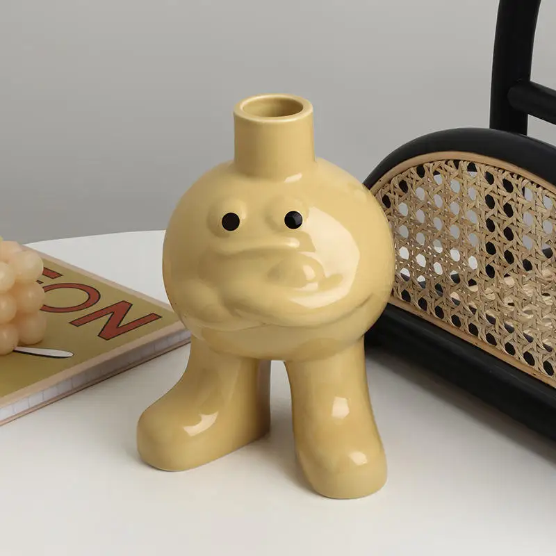 Wholesale Custom Cute Ins Style Big Feet Doll Figure Macaron Green Yellow Beige Color Bud Ball Ceramic Small Vase