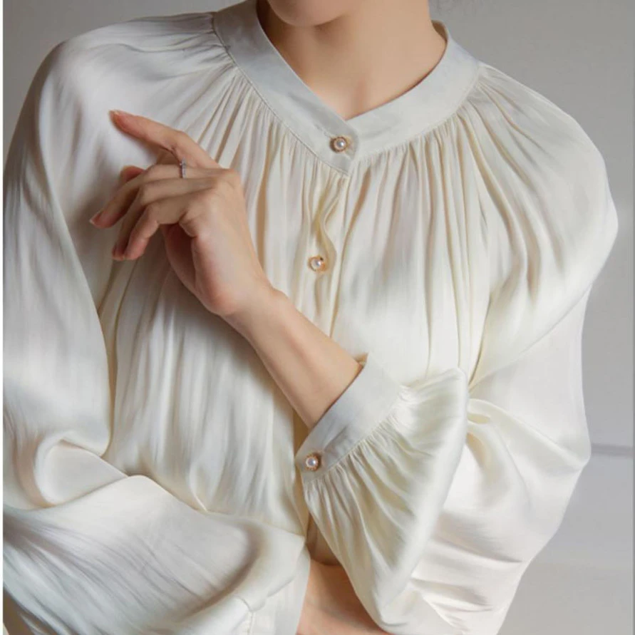 Spring 2021 Boutique White Blouse Retro Court Style Satin Blouses Women Long Sleeve Shirt Top For Women