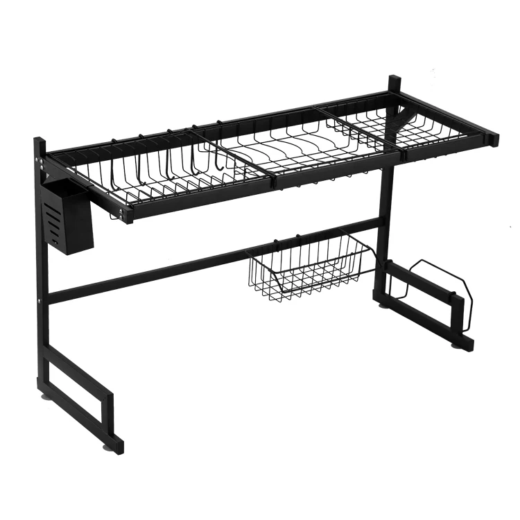 Wholesale black coating  carbon steel over the sink dish rack 2 tier dish drying rack storage holder dish cutlery drainer rack