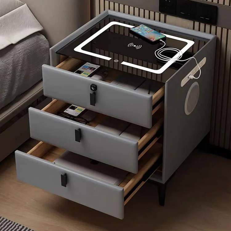 luxury Bed room furniture wooden smart bedside coffee table modern nightstands with USB wireless charging