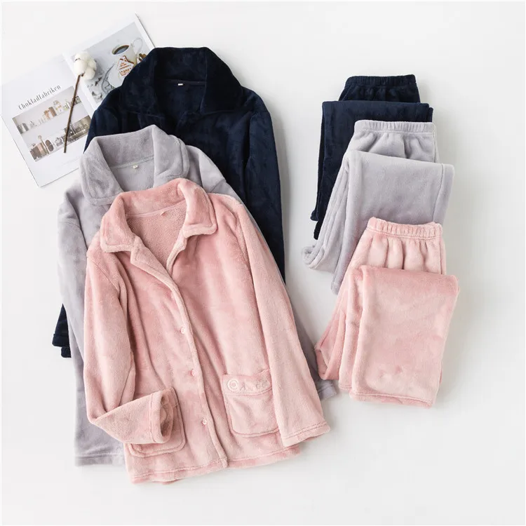 Sweet and Simple Fleece 2 Pieces  Pajamas Set Thickened Sleepwear for Women and Men