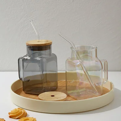 Outdoor Travel Milk Tea Coffee beer glass cup tumbler Heat resistant square glass Beverage soda milk cup with bamboo lid straw