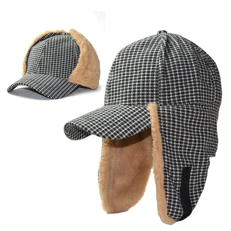 Trooper Trapper Hat Winter Windproof Ushanka Russian Hats with Faux Fur Ear Flaps Plaid Thick Baseball Cap with Warmer Earflap