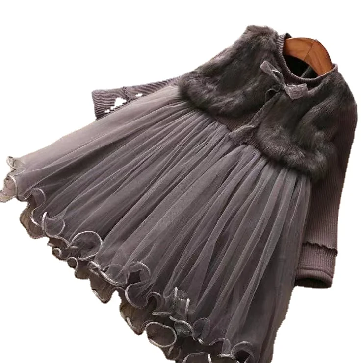 Girls Winter Clothing Princess Style Dress Pink Warm Fur One-piece Fleece-Lined Thickened Dress