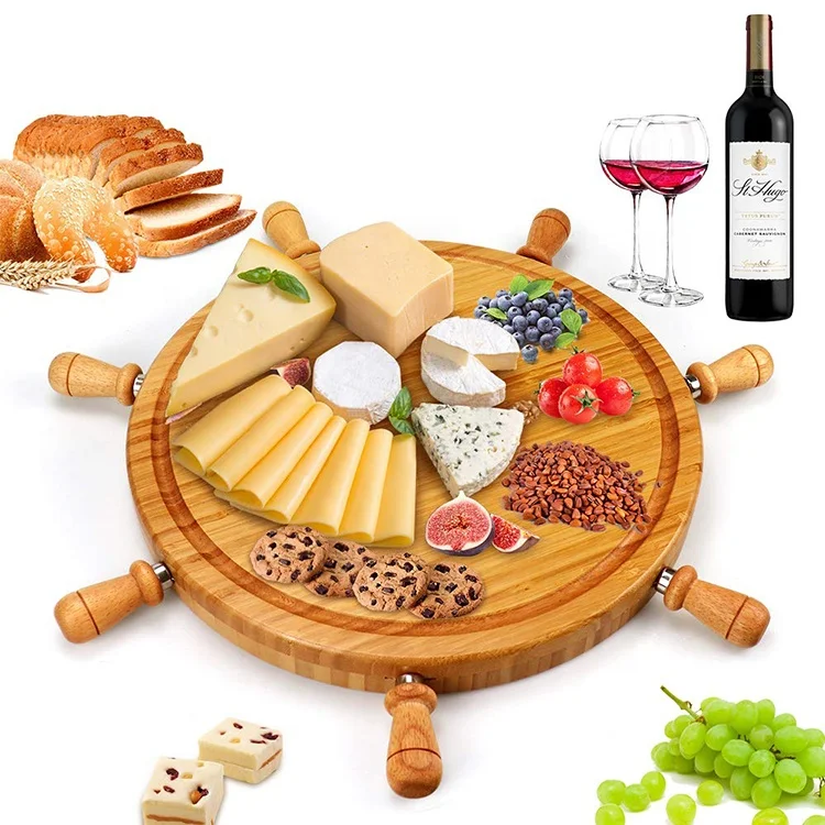 Unique Cheese Charcuterie Board,Natural Bamboo Cheese Tray: includes 6 Cheese Knives,Large Round Size Cutlery Set for Wine