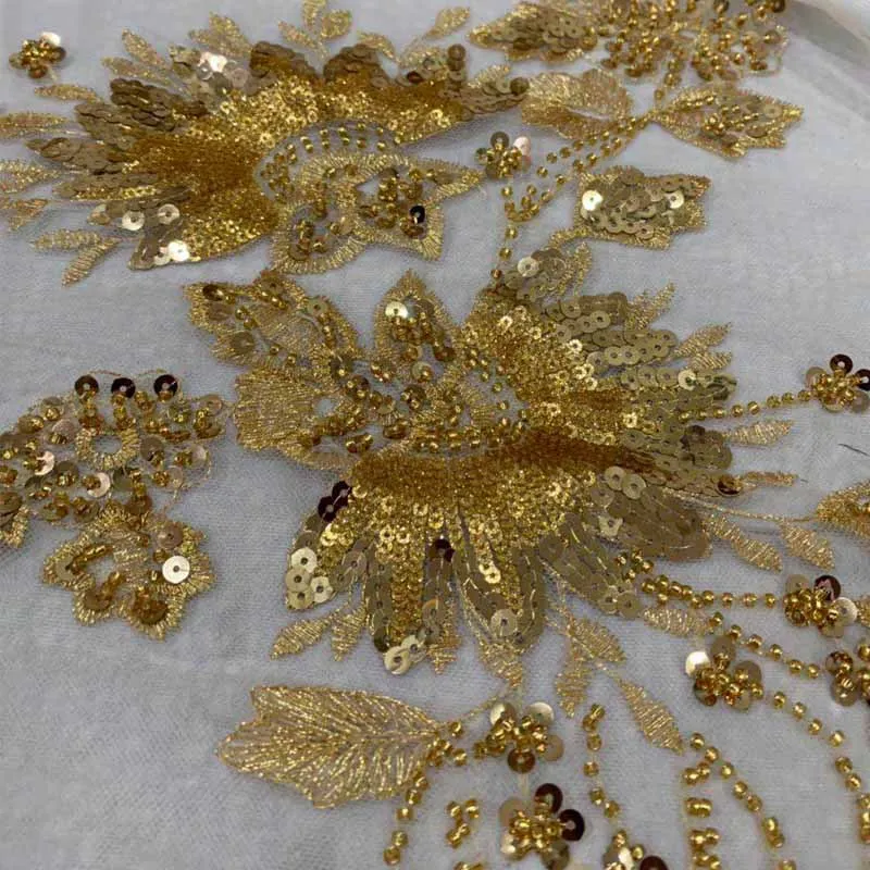 Mesh Embroidered Lace Beads Golden 100% Polyester 3d Embroidered Lace Dress