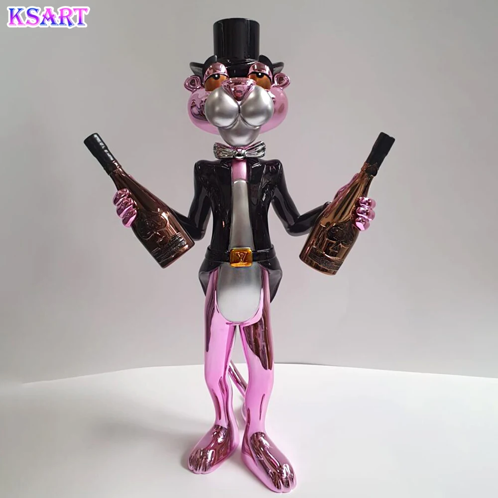 Pink leopard holding diamond fiberglass sculpture Hotel Gallery Exhibition Hall Cartoon Art Bar statue installation