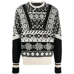 Fashion Designer Casual Custom Logo Men Pattern Sweater Fair Isle Print Black Knitted Crew Neck Pullover Winter Sweater