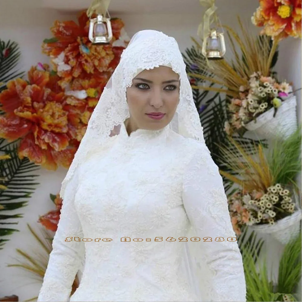 Appliques Lace Muslim Ball Gown Wedding Dresses With Picture Veil High Neck Long Sleeve Lace Up Wedding Gowns Plus Size