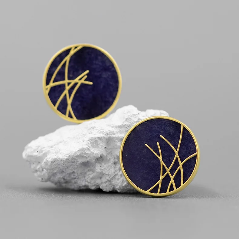 925 Sterling Silver Blue Aventurine Reed Leaf Big Round Stud Gemstone Earrings