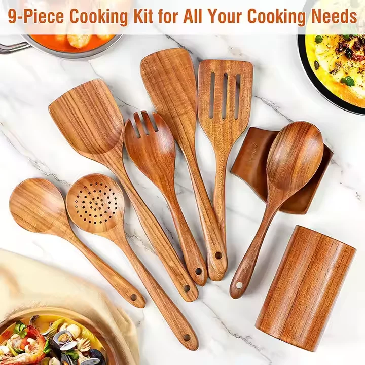 Natural Teak Wooden Cooking Set Kitchen Utensil Long Handle Restaurant Bamboo Spoon Acacina Wood Soup Spoons Wooden Utensils Set