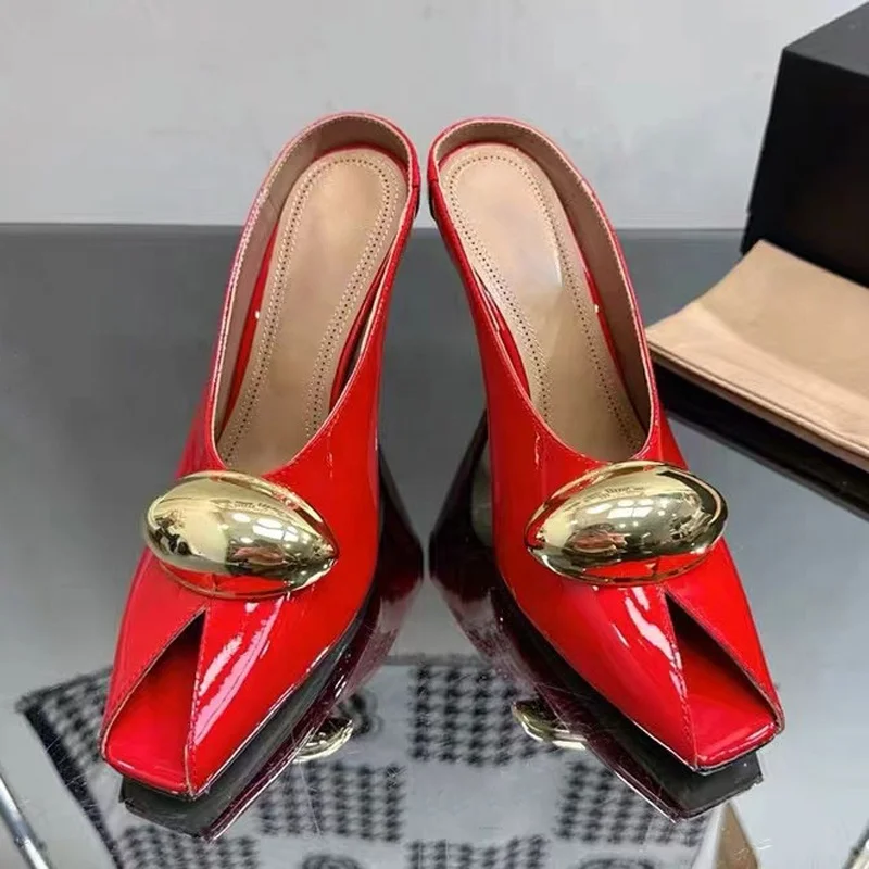 Metal Ornament Women Solid Sandals Hook High Heels Stiletto Dress Shoes Thin High-Heeled Mules Party Peep Toe Slides