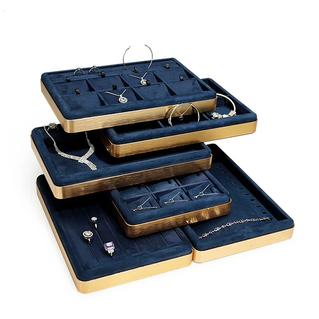 Wholesale blue suede leather necklaces earrings bracelets rings display jewelry tray