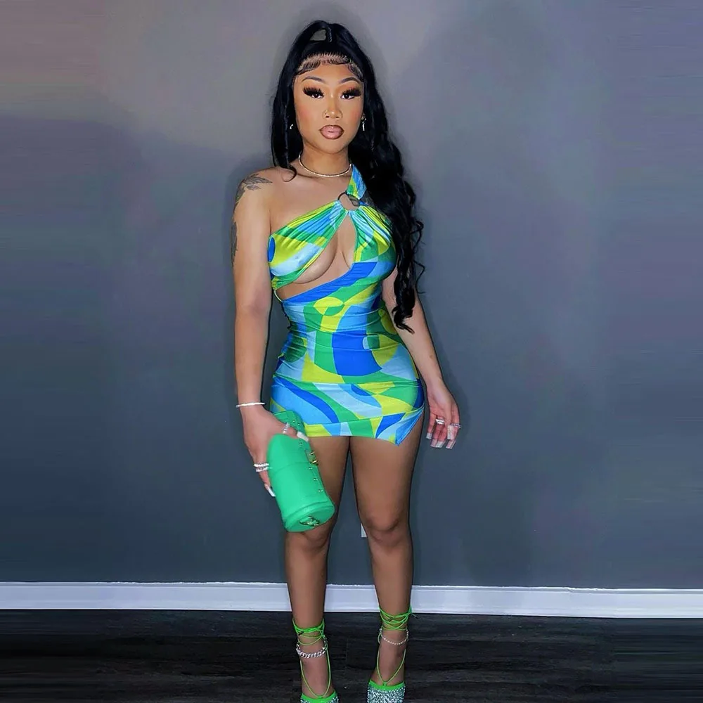 Women Dresses Casual Summer Tie Dye Sexy Off Shoulder Hollow Out Club Bodycon Dress 2022 Mini Dress