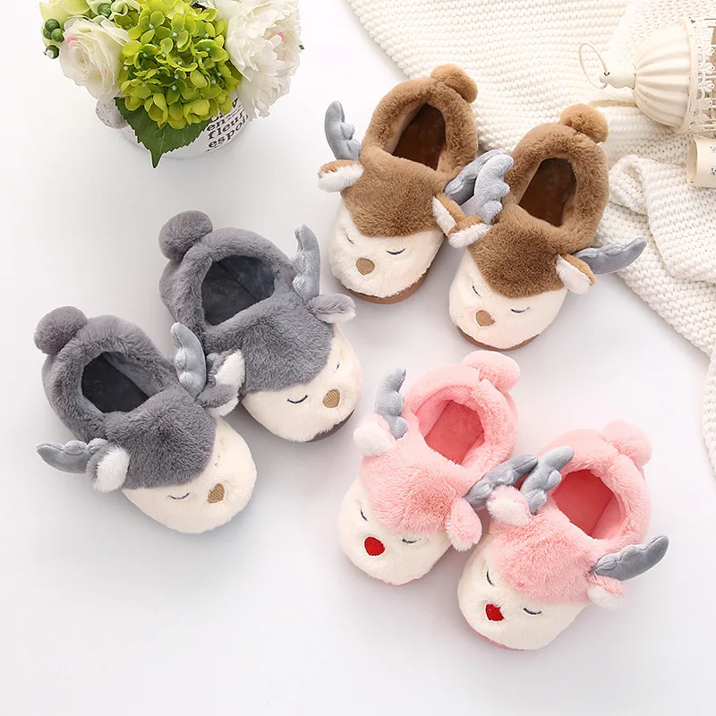 HO Cartoon Animal Christmas Deer Winter Plush Children Girls Slippers Customized Fluffy Indoor Home Slippers For Baby Kids Girls