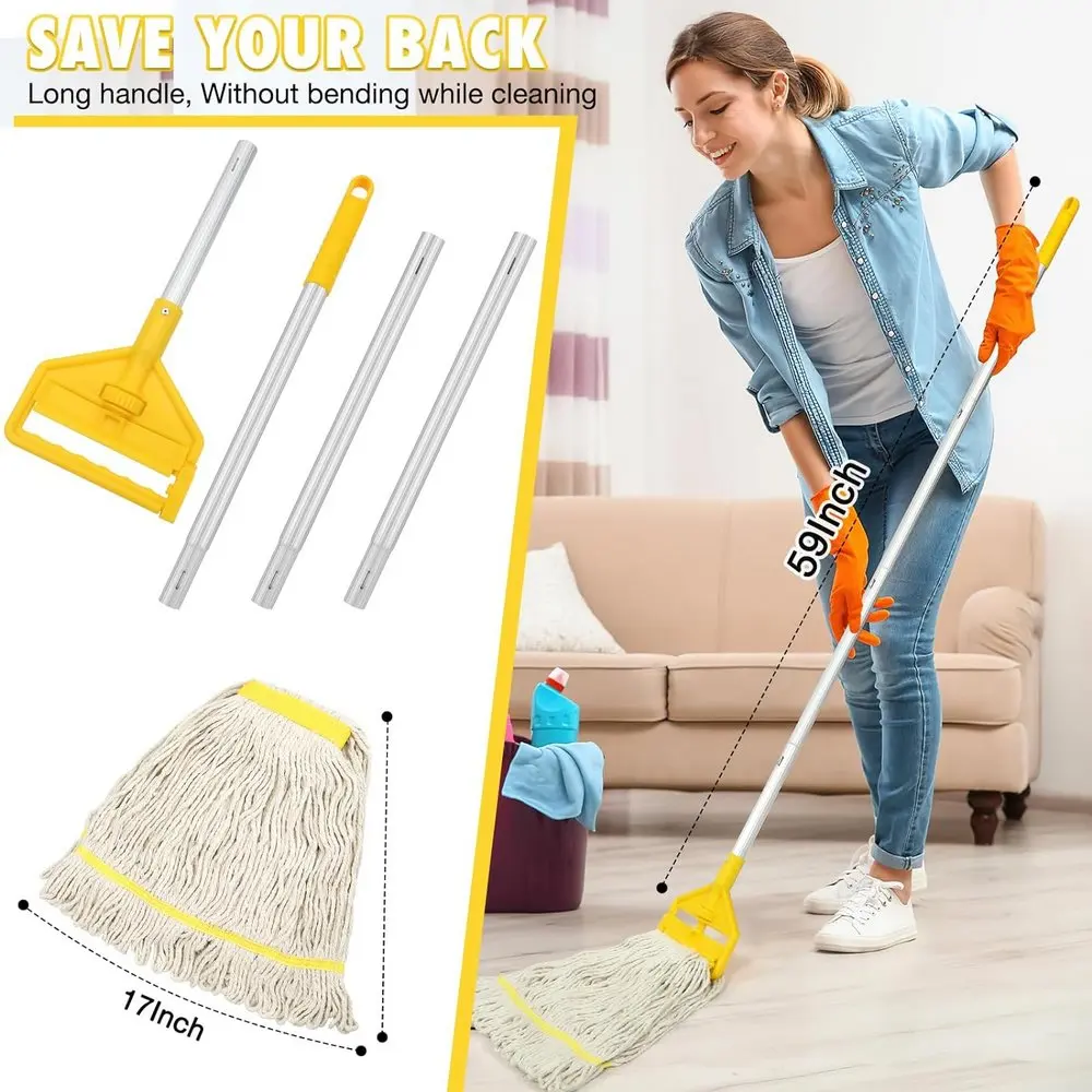 Commercial Heavy Duty Industrial Mop with Long Handle Looped-End String Wet Mop Telescopic Iron Pole Heavy Duty Cotton Mop