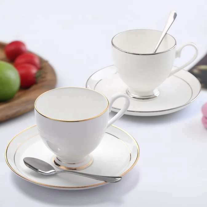 Cheap Price Turkish Bone China Coffee Cups Set White Porcelain Coffee Gold Silver Rim Personalized Tea Cups and Saucers