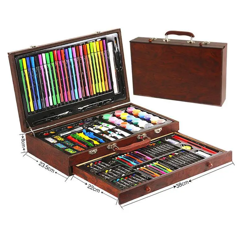 Hot Wholesale 130 Pieces Wooden Box Painting Tools Gift Color Pencil Art Set Watercolor Pens Children Brush Set