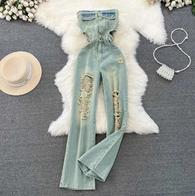 Summer Retro Tube Midriff Outfit Ladies Jumpsuit Casual High Waist Slimming Bodysuits Wide-Leg Jeans Jumpsuit for Women