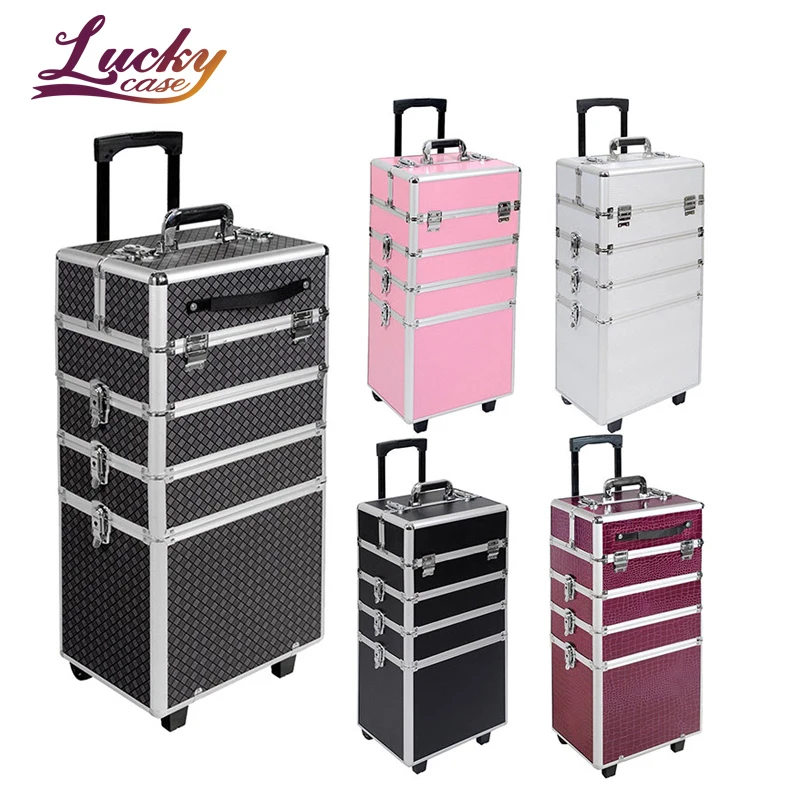 2021 чемодан для лака ногтей Lucky Beauty 4 в 1 профессиональный косметический футляр макияжа косметичка с колесами оптовая продажа алюминиевый