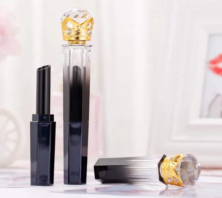 gradient black Octagonal glitter unique plastic luxury empty crown lipstick container tube