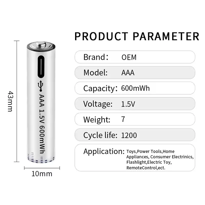 Long Life 1.5V AAA Usb Lithium Battery Type C Aa Rechargeable Batteries Environmental protection for Toy