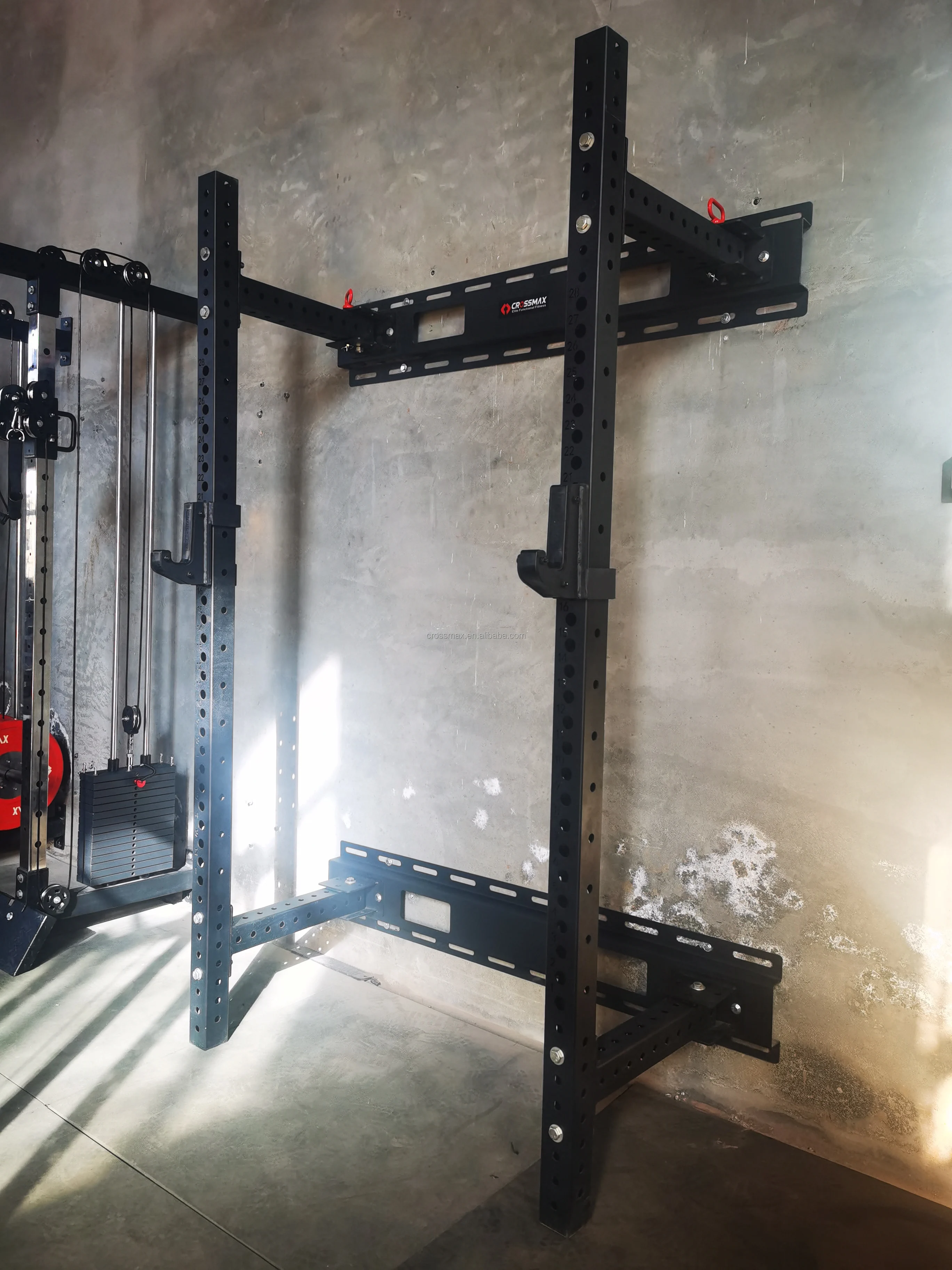Gym equipment Wall Mount Fold Back Squat power Rack with J-hooks and spotter arms