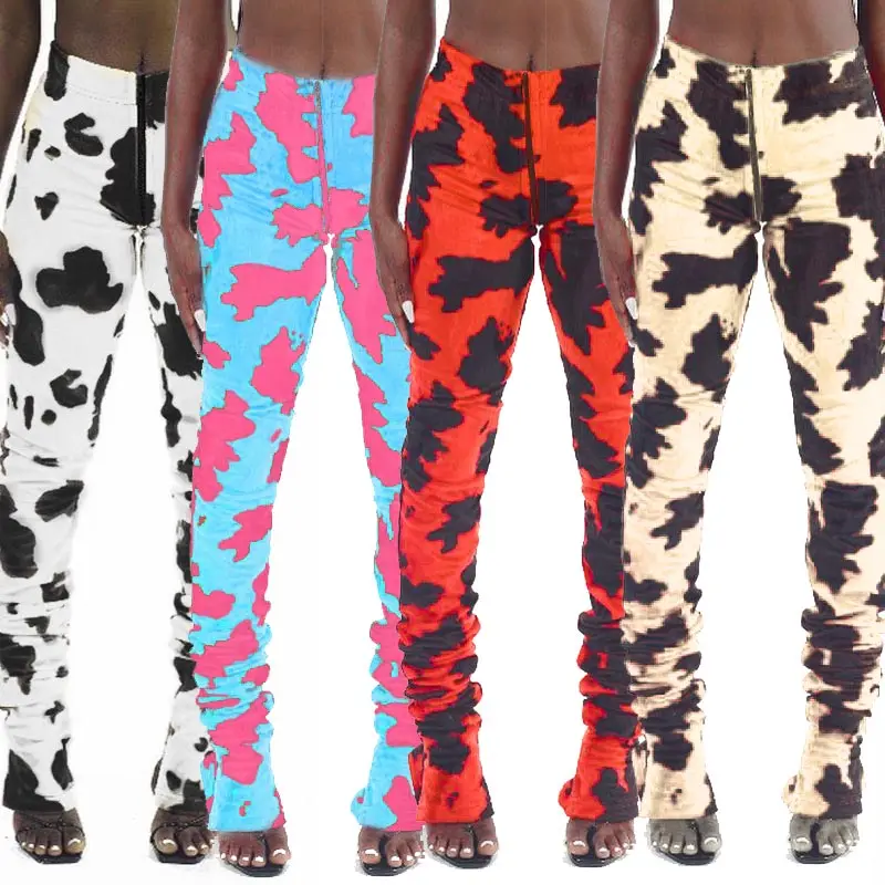 
Women Casual Cow Prints Designer Stack Long Pants with Zippers 