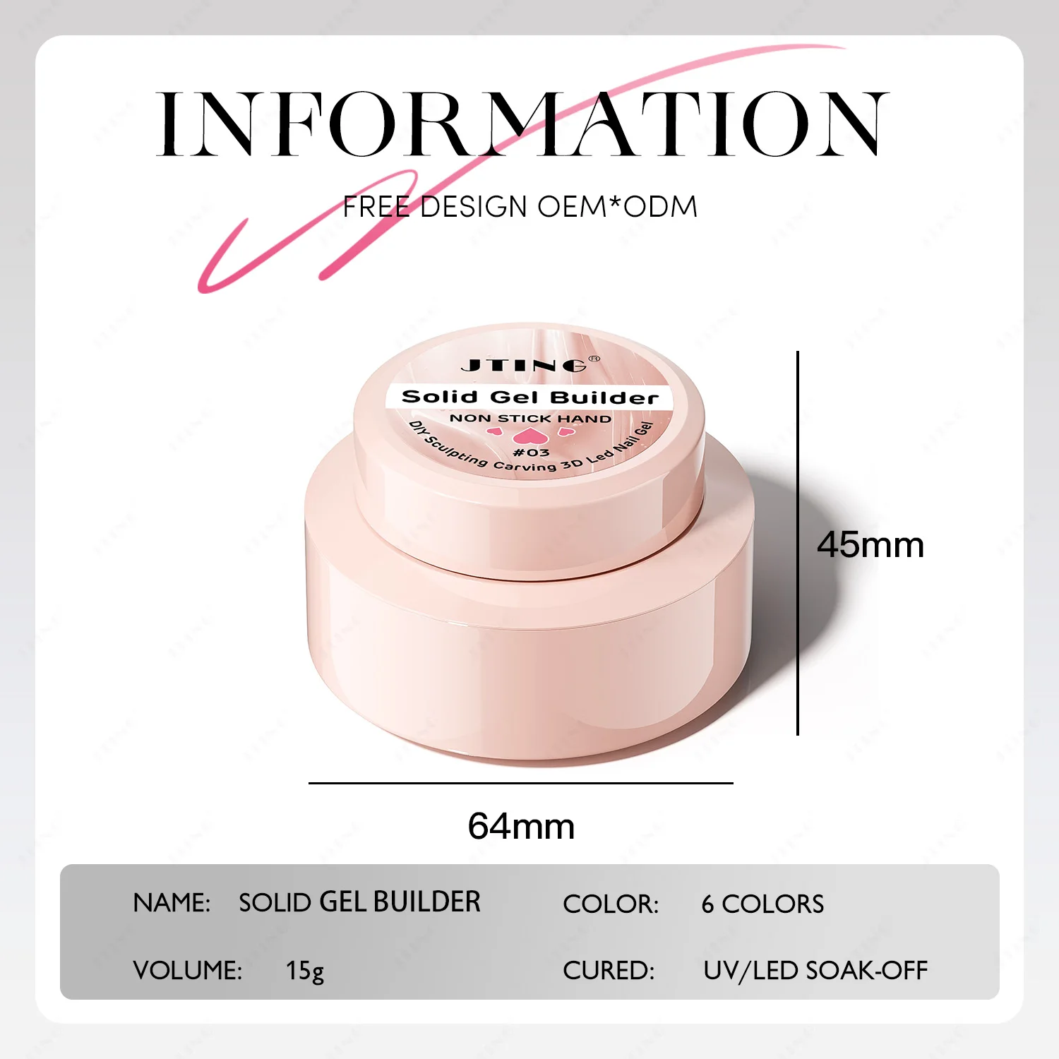 JTING 6colors Non Stick Soild Builder Gel in Jar Acrylic Poly Nail Extension Gel for Nail Art Carving ODM Custom nail supplier