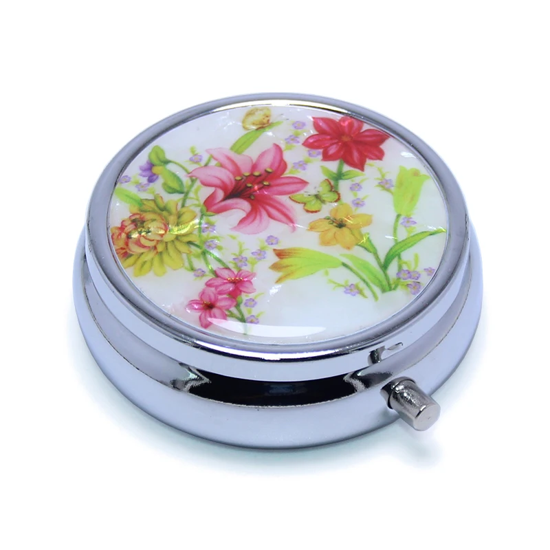
50*19mm Fashion Lily Flowers Stainless Steel Storage Portable Medicine Organizer Container 3 Days Round Metal Pill Box 