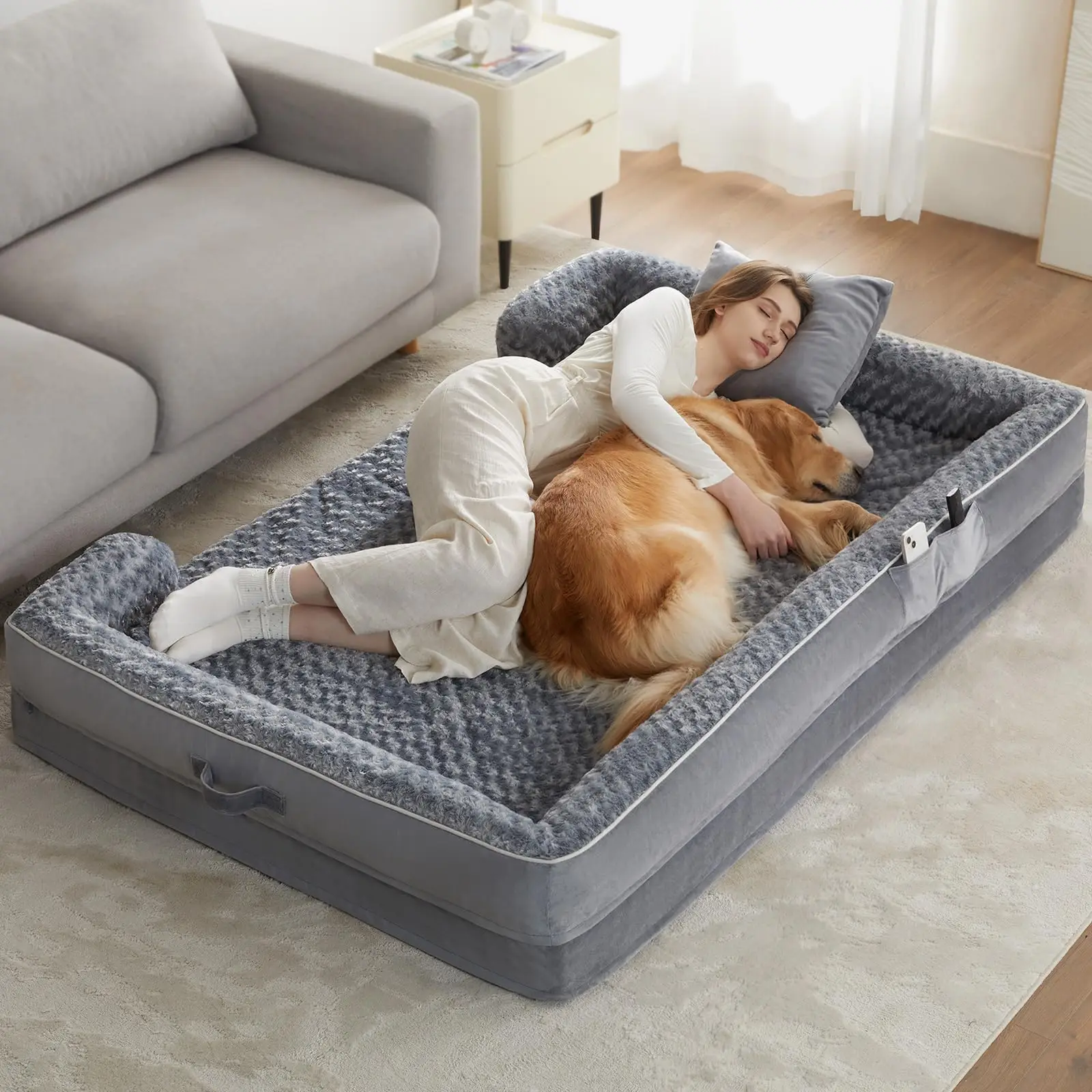 New Type Big Dog Bed Extra Large Washable Faux Fur Nap Bed Calming Giant Orthopedic Human Dog Bed for People with Storage Pocket