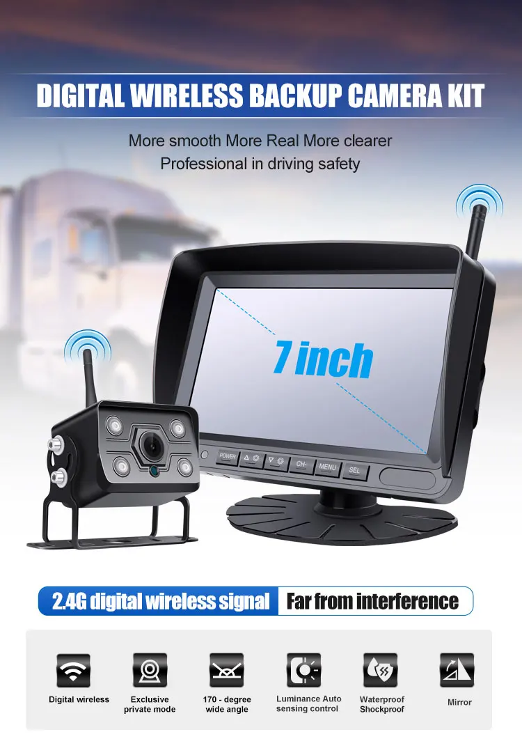 Vehicle Rear View Reversing 7 Inch Wireless type Backup Camera Monitor Truck Cameras  Kit
