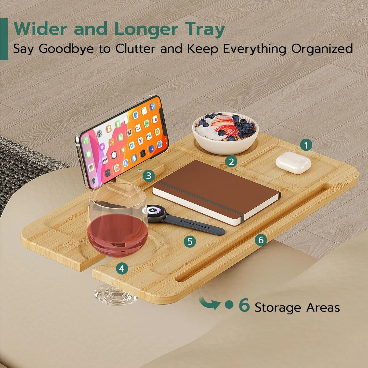 Bamboo sofa tray with adjustable rotating mobile phone stand,coffee table adjustable height sofa arm snack TV table service tray