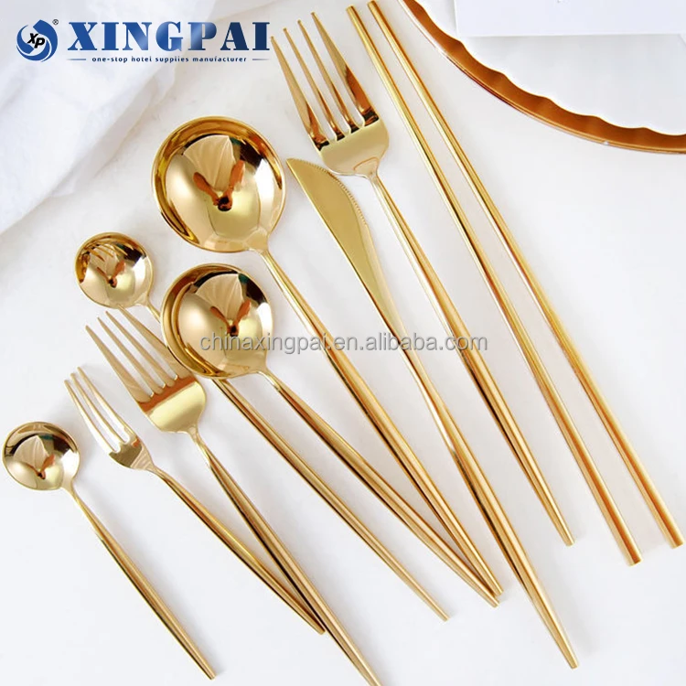 XINGPAI Five Star Hotel Stainless Steel Flatware Luxury Cutlery Golden Dessert Knife Fork Spoon Set for Buffet Catering