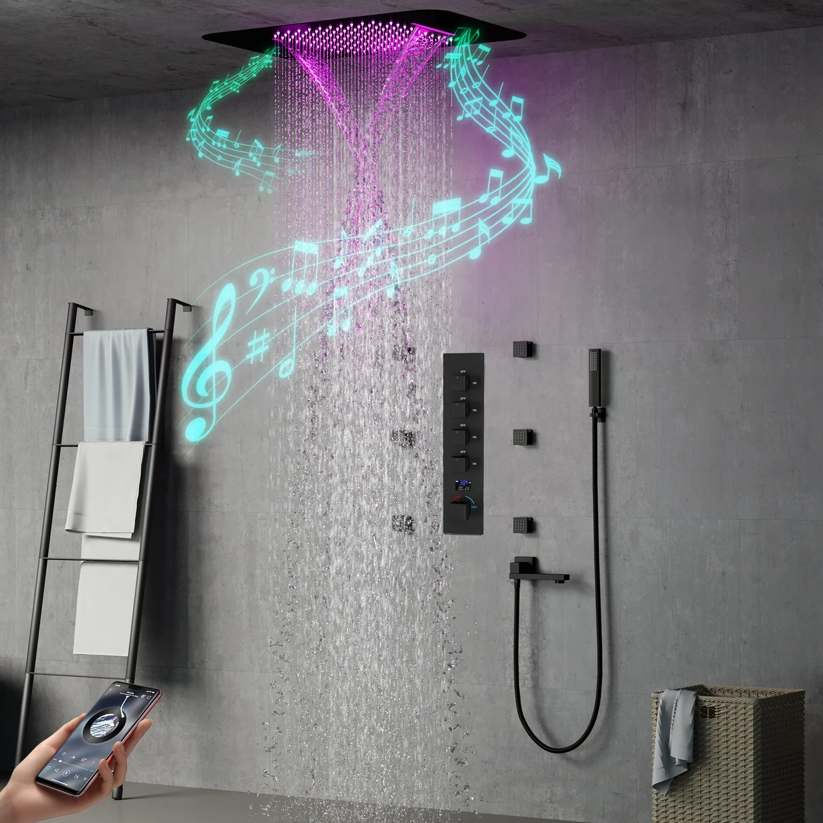 Ceiling Embedded 580*380mm Led Shower Head with Music Speaker System Temperature Display Bathroom Cold and Hot Shower Faucet Set