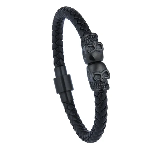 ALL BLACK BRAIDED LEATHER CORD SKULL BRACELET