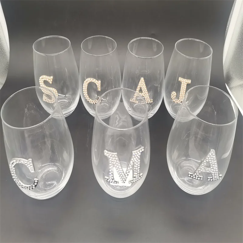 OEM Logo Wine Glasses Stemless Gold Pearl Sliver Rhinestones Monogram Unique Glassware