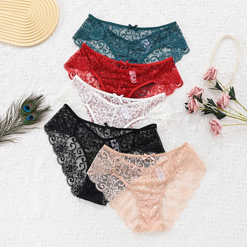 Hot Sale Wholesale High Stretch Soft Breathable Sexy Hollow Large Size Women Lace Hipster Underwear Briefs 5 Colors