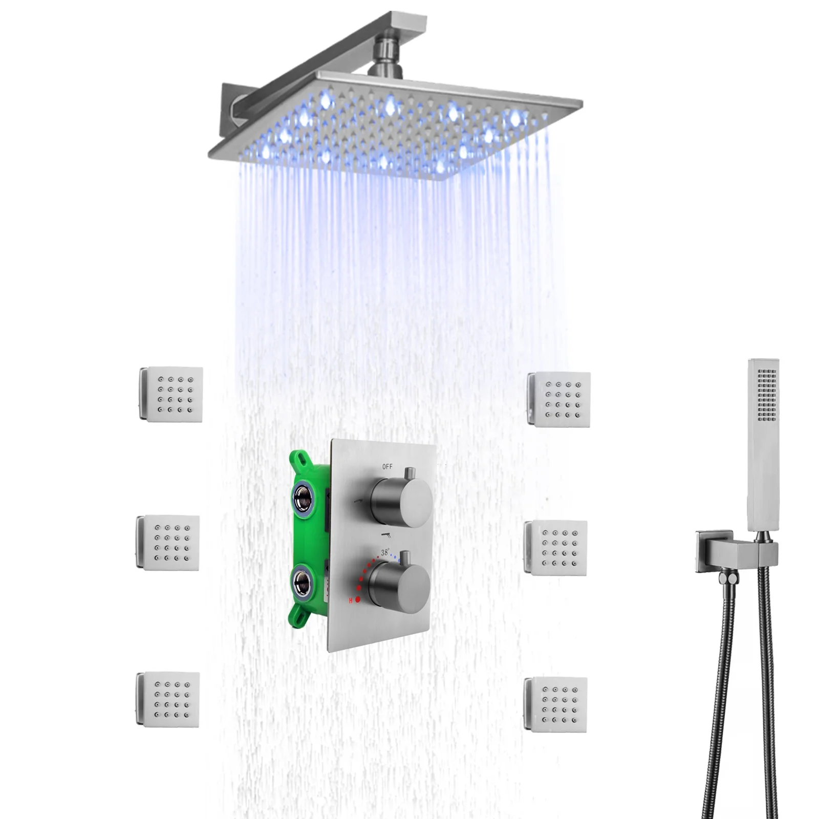 Modern Brass 10 inch Square Led Concealed Shower Set Thermostatic Brushed Nickel Bathroom Rain Shower System